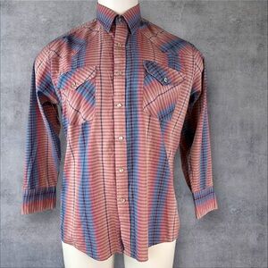 Rock Creek Ranch Pearl Snap Shirt Men 15.5 Blue Pink Plaid Western (895)